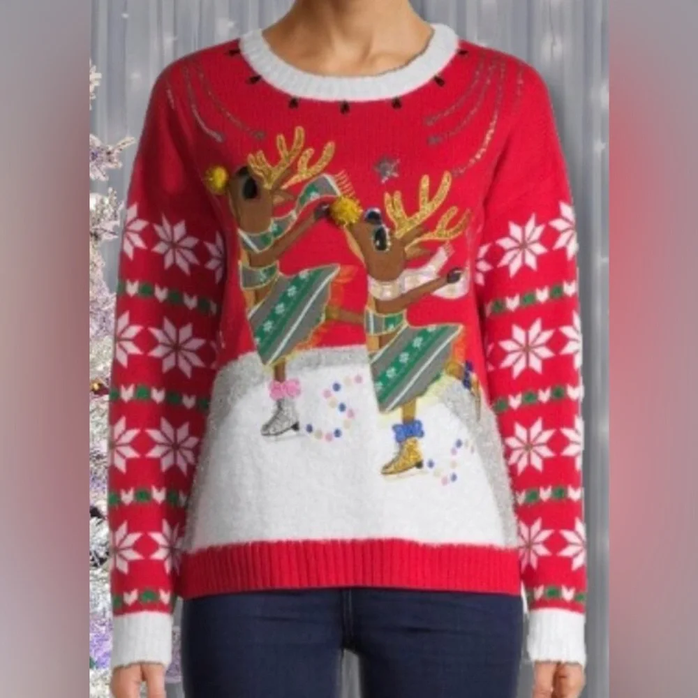 Holiday Time Ugly Sweater Ice Skating Red,Green, Reindeer Design Large 12-14 - Picture 2 of 12